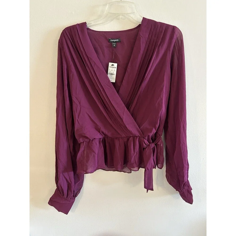 NEW! Express Women’s Sheer Silky Magenta Long Sleeve Blouse Top - Size M - Picture 1 of 7